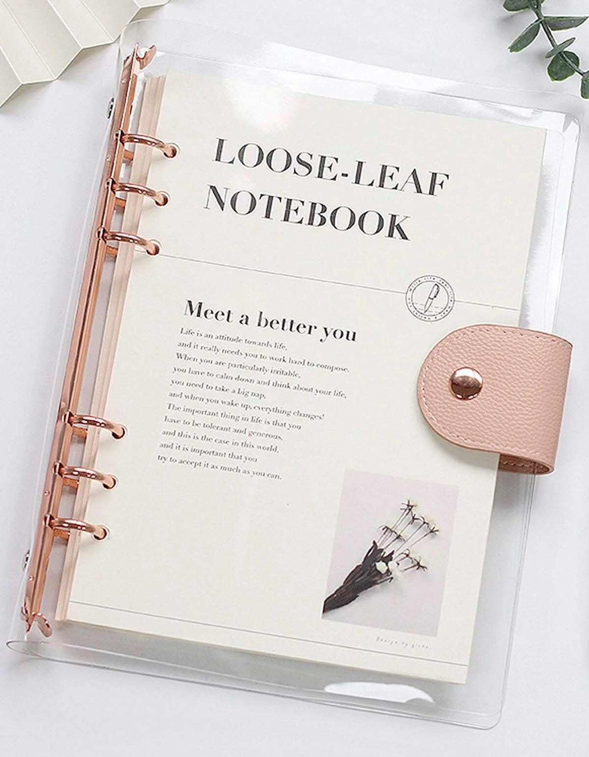 Binder til budgetbog med klare sider og rosaguld ryg med knaplukning i lys PU