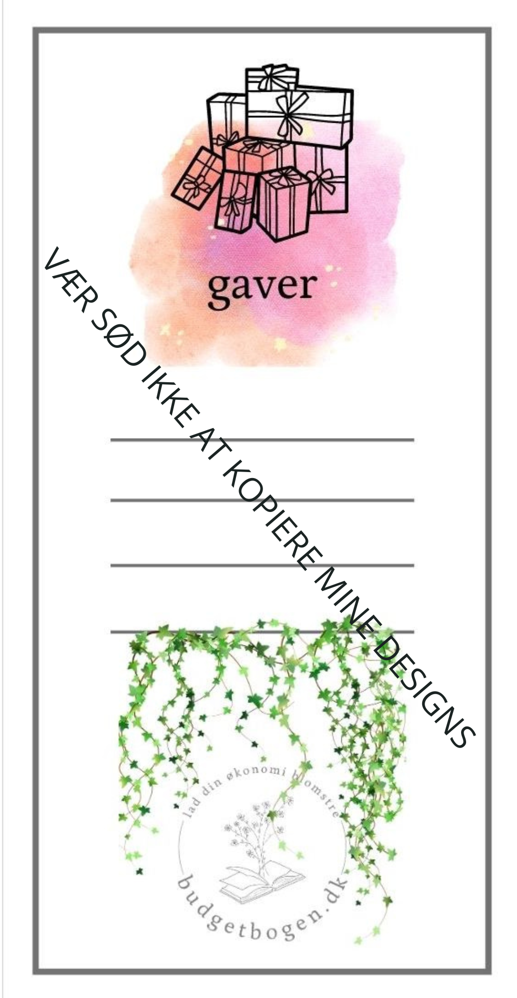 Gaver - kategoriark til lomme